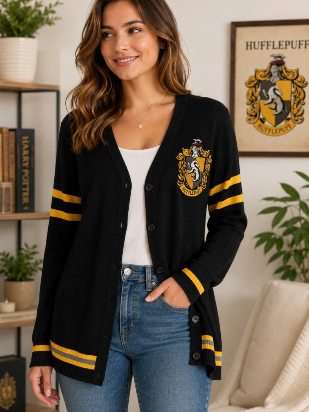 Warner Bros Harry Potter Hufflepuff Cardigan Black Gold Crest Womens L